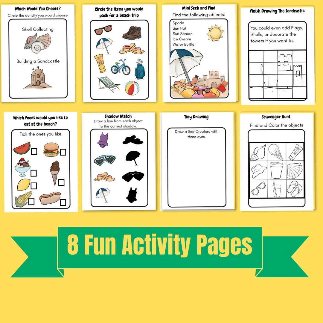 Beach Day Mini Activity Book | Kids Travel Activity, Low Ink (Digital Download)
