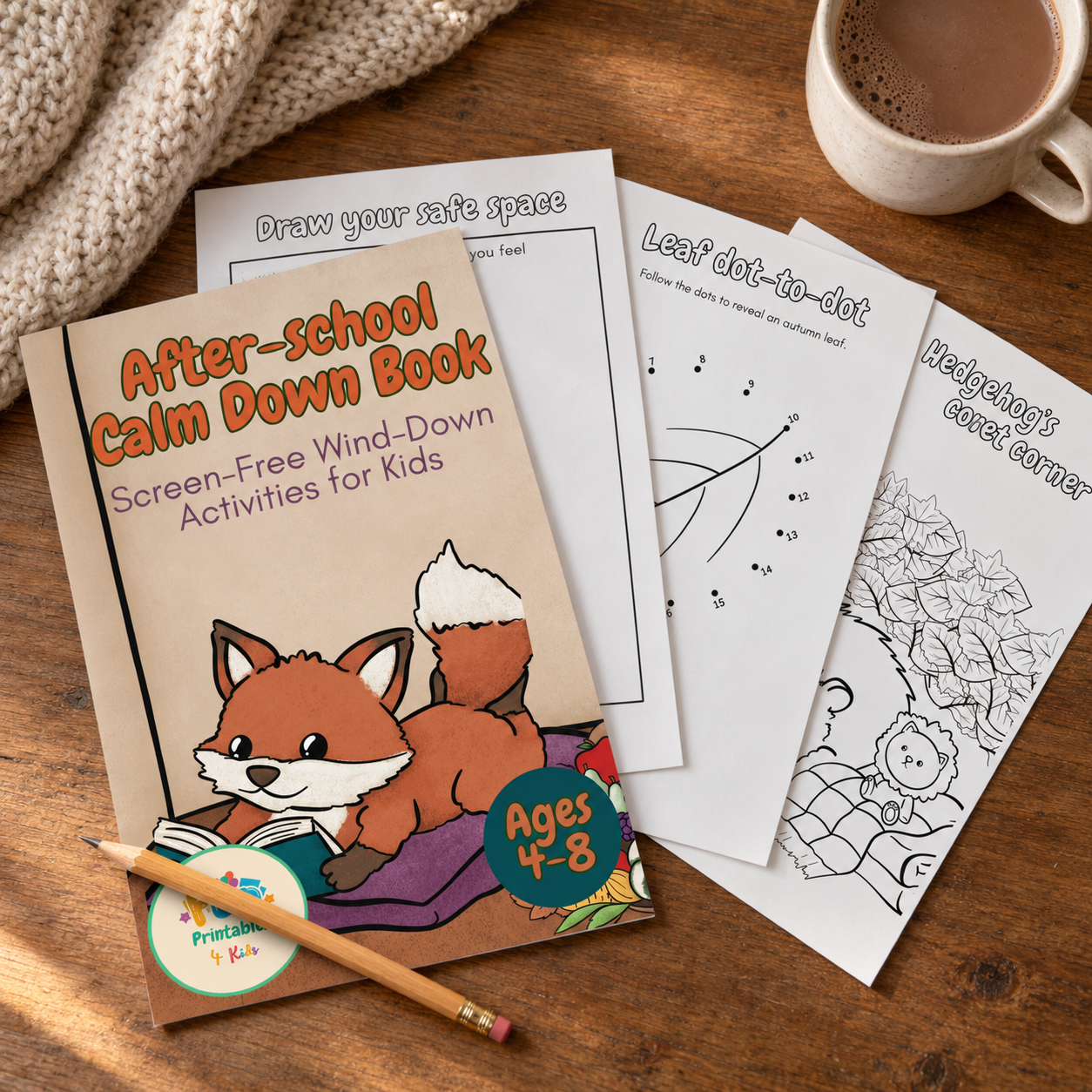 A cream blanket, mug of tea & childrens "After-school Calm Down Book" fanned out on a dark brown coffee table.