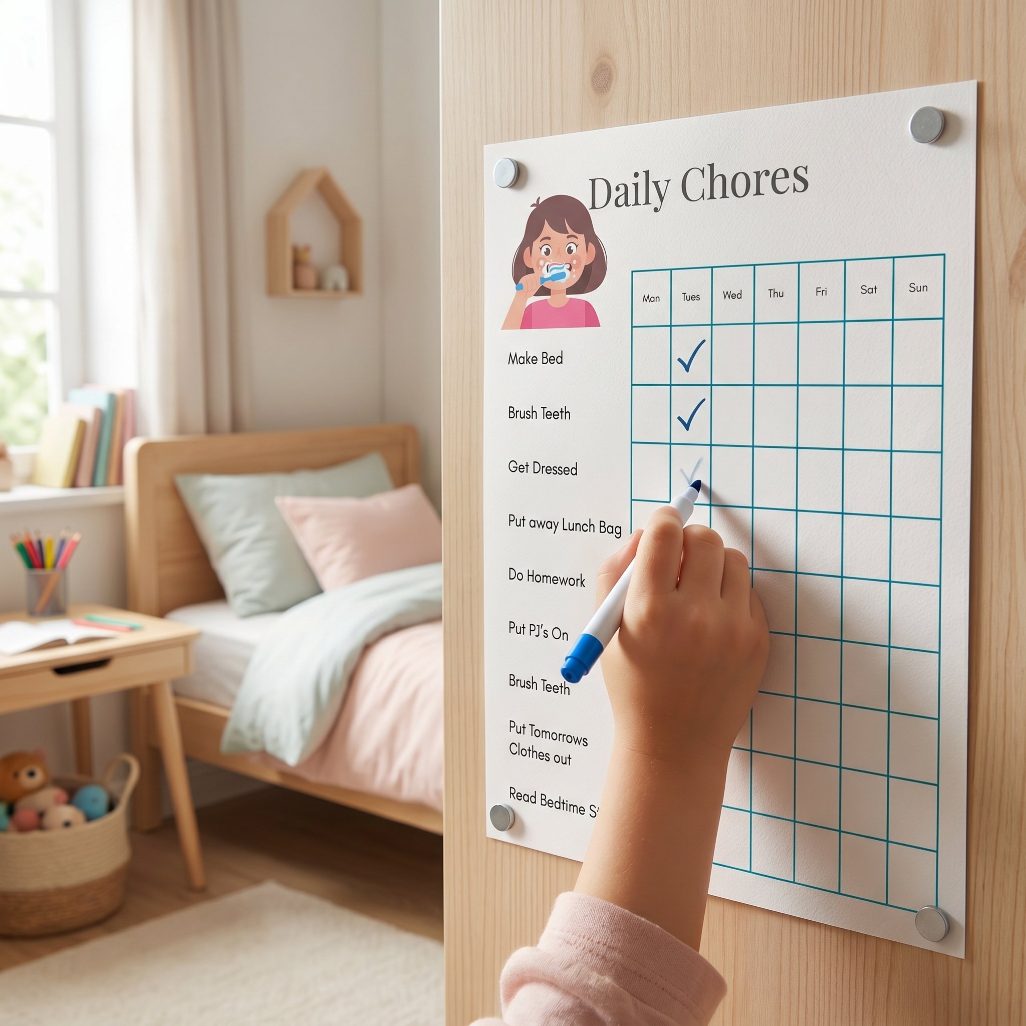 A child's bedroom setting with a clear shot of a child's hand ticking off checkboxes on a daily routine chart. which is pinned to the wall.