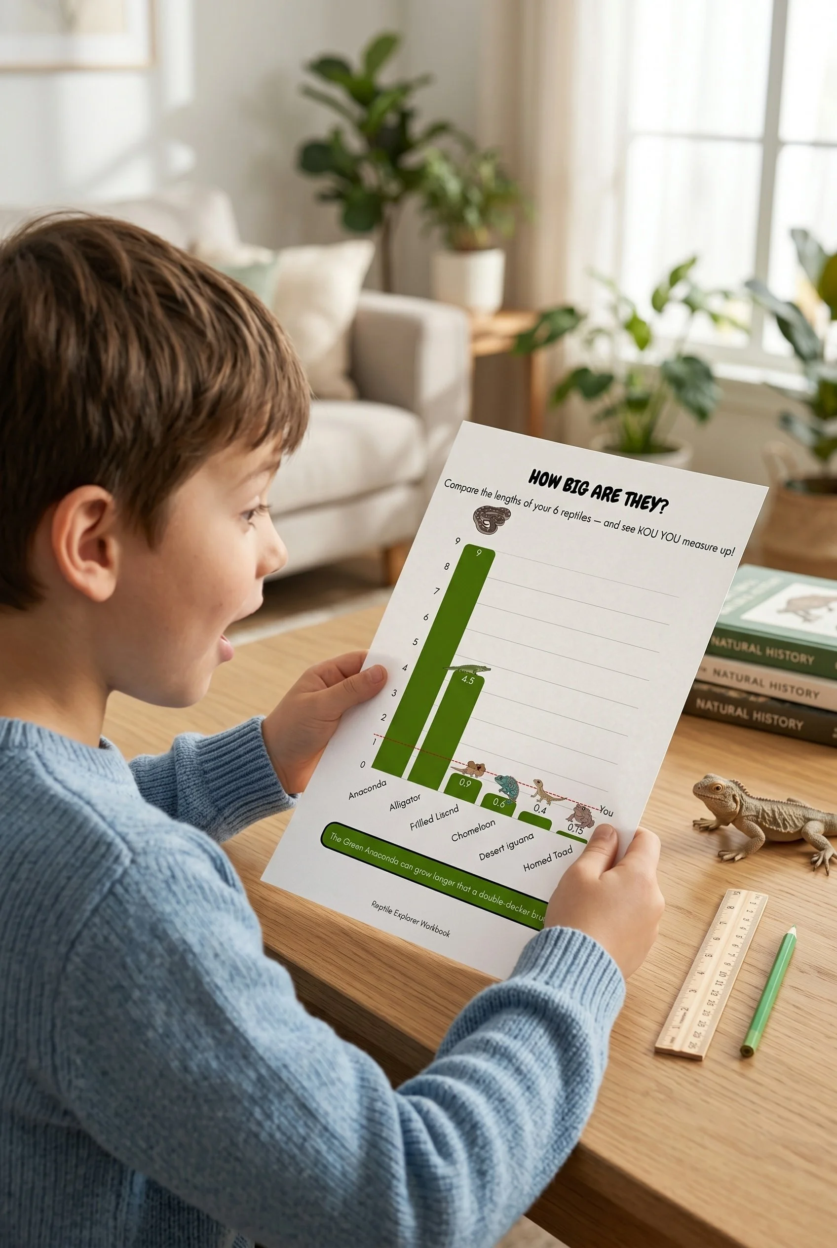 A young boy with brown hair in a blue sweater is looking at a chart titled "How Big Are They?" comparing the lengths of six different reptiles and seeing how they measure up. The chart features illustrations of a snake, an alligator, a frilled lizard, a chameleon, a desert iguana, and a homed toad. The boy is seated at a wooden table with a ruler, a green pen, and a book titled "Natural History" nearby. The background includes a living room with plants, a couch, and large windows.
