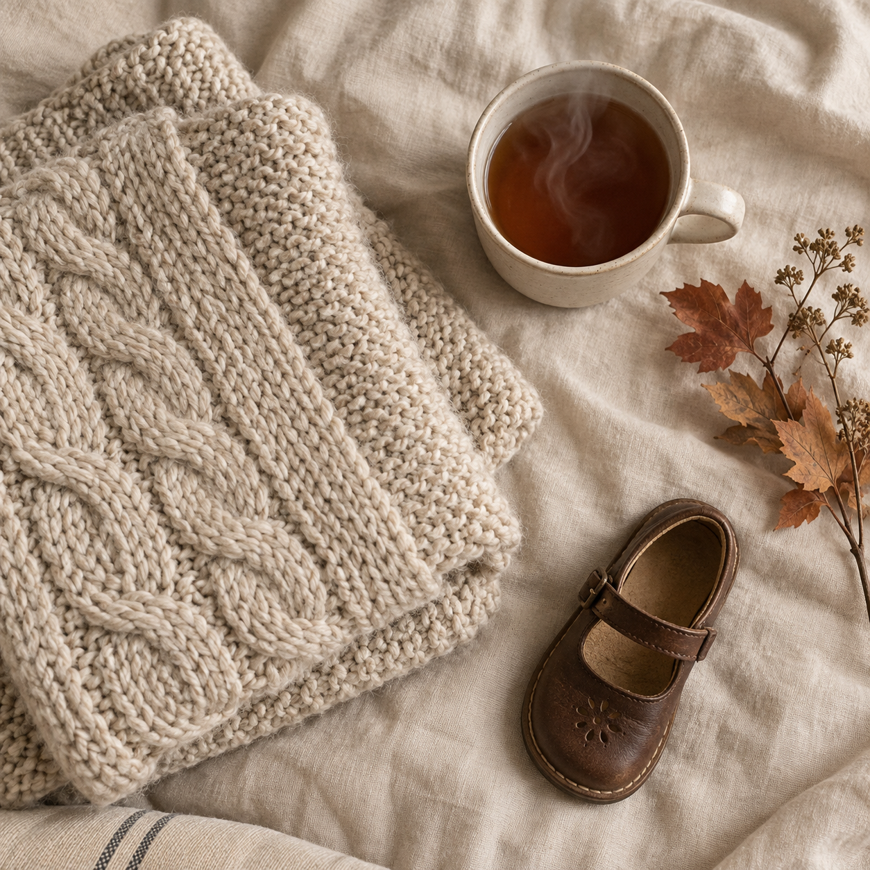A mug of Tea is shown with steam rising, next to a cream coloured throw, a sprig of autumnal leaves and a small childs shoe