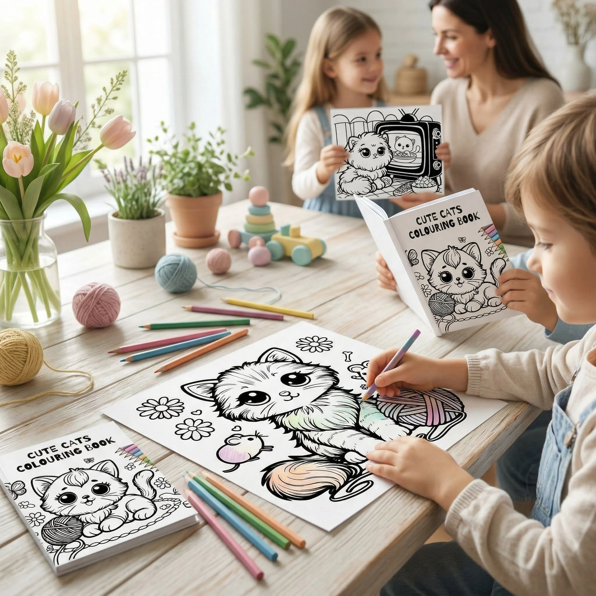 Cat Colouring Pages displayed on a table being coloured by a child, there are more people in the background including a little girl who is holding up a colouring page to show to a woman.