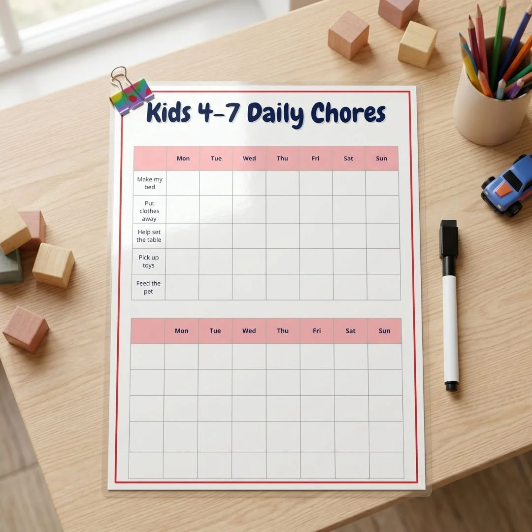 A weekly chore chart titled 'Kids 4-7 Daily Chores' placed on a light wooden table, with columns for each day of the week and rows for chores such as making the bed, putting clothes away, helping set the table, picking up toys, and feeding the pet, surrounded by colored wooden blocks, a white pen, a cup of colored pencils, and a toy car.