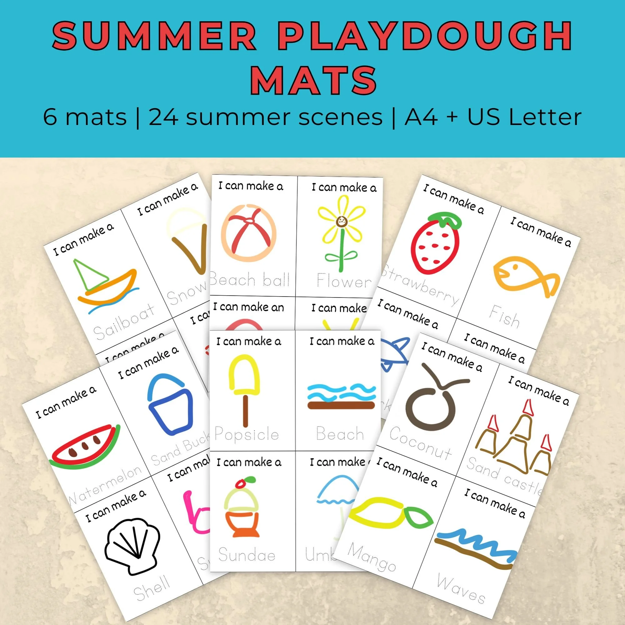 Printable Summer Play Dough Mats — 6 Mats, 24 Summer Scenes