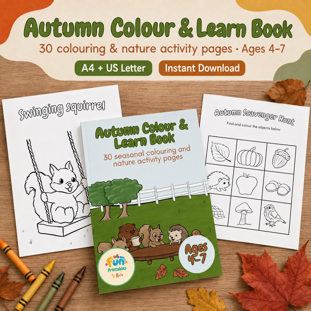 Autumn Colour & Learn Book — 30 Printable Colouring & Nature Activity Pages for Ages 4–7