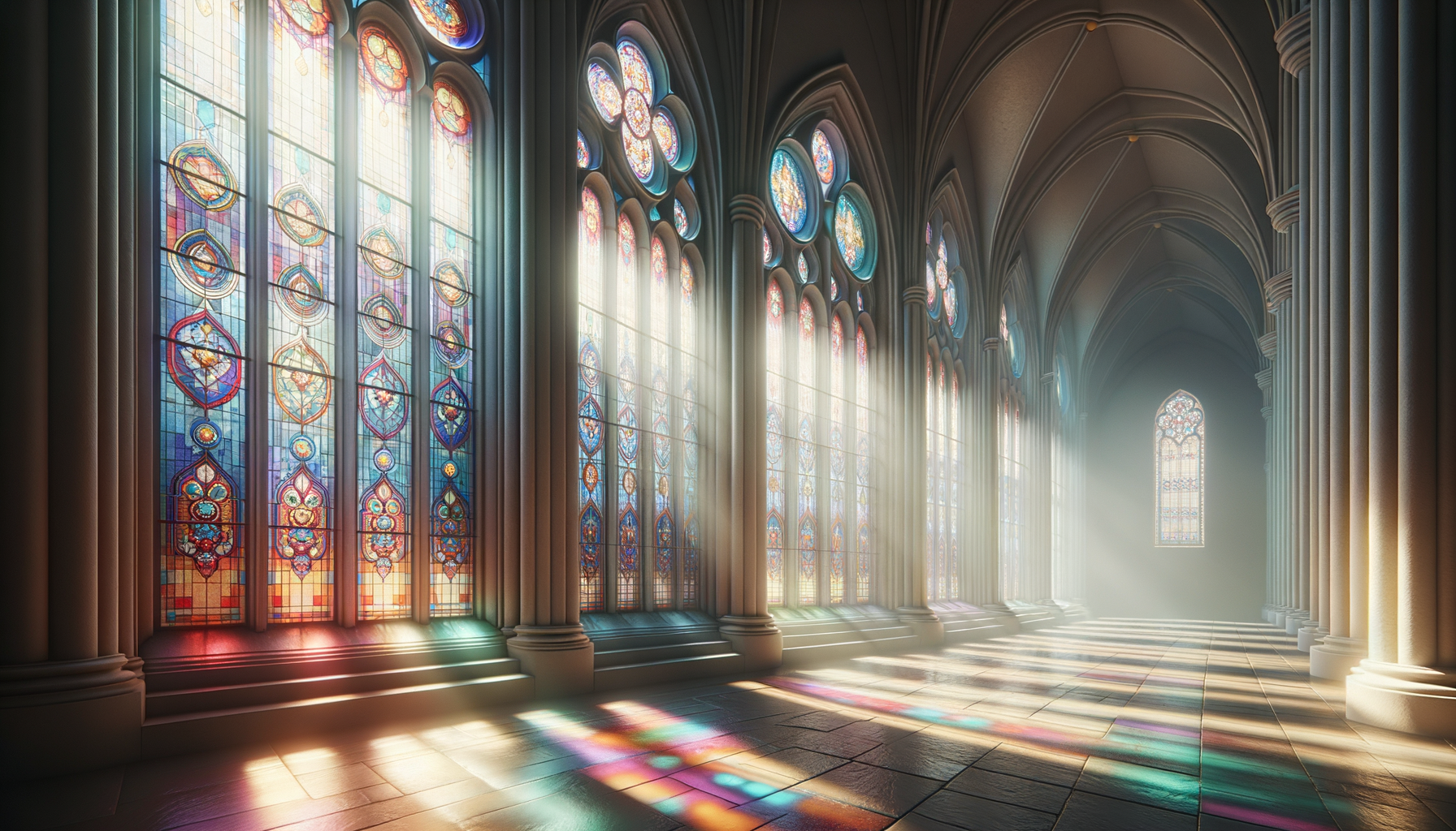 Sunlight streaming through colorful stained glass windows inside a cathedral, casting vibrant rainbow reflections onto the stone floor.