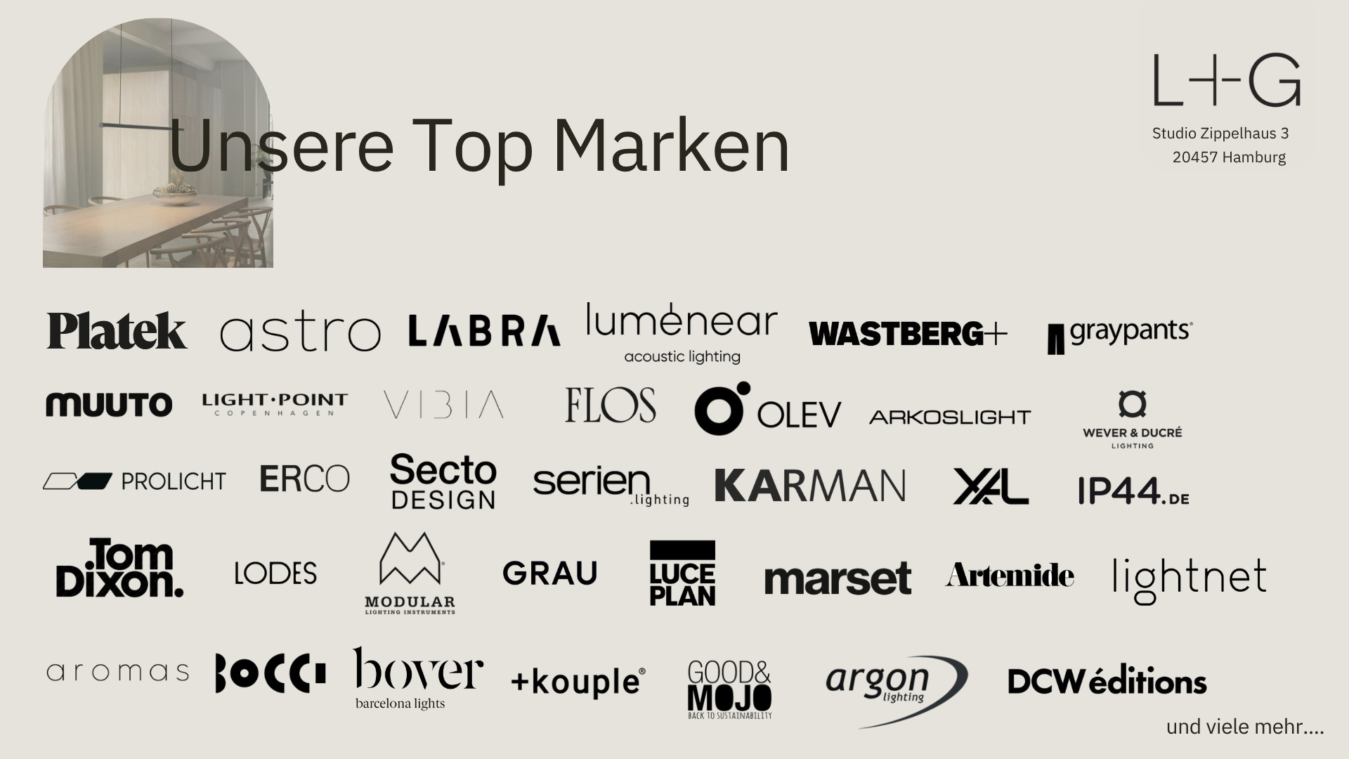 Infoblatt mit Text 'Unsere Top Marken' und einer Vielzahl von Logo-Designs verschiedener Marken, darunter Platek, Astro, LABRA, luminear, WASTBERG, graypants, MUUTO, LIGHT POINT, VIBIA, FLOS, OLEV, ARKOSLIGHT, WEVER & DUCRÉ, PROLICHT, ERCO, Secto Design, serien, KARMAN, XAL, IP44.de, Tom Dixon, LODES, GRAU, LUCE PLAN, marset, Artemide, lightnet, aromas, bocci, hover, +kouple, GOOD&MOJO, argon, DCW éditions. Und viele mehr.