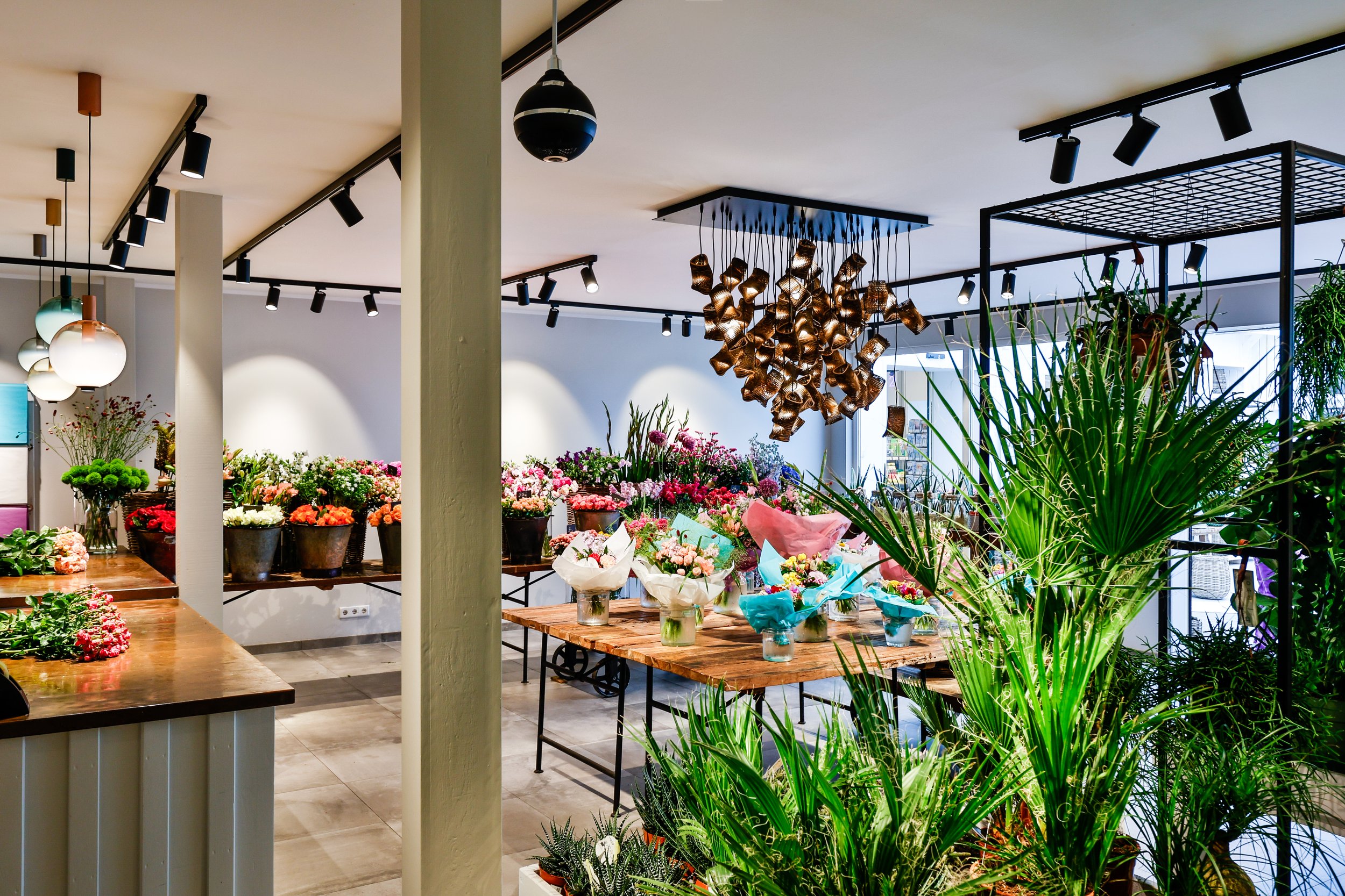 Blumenladen mit verschiedenen Blumen und Pflanzen, Modernes Interieur, Beleuchtung und große Fenster, grüne und bunte Blumen