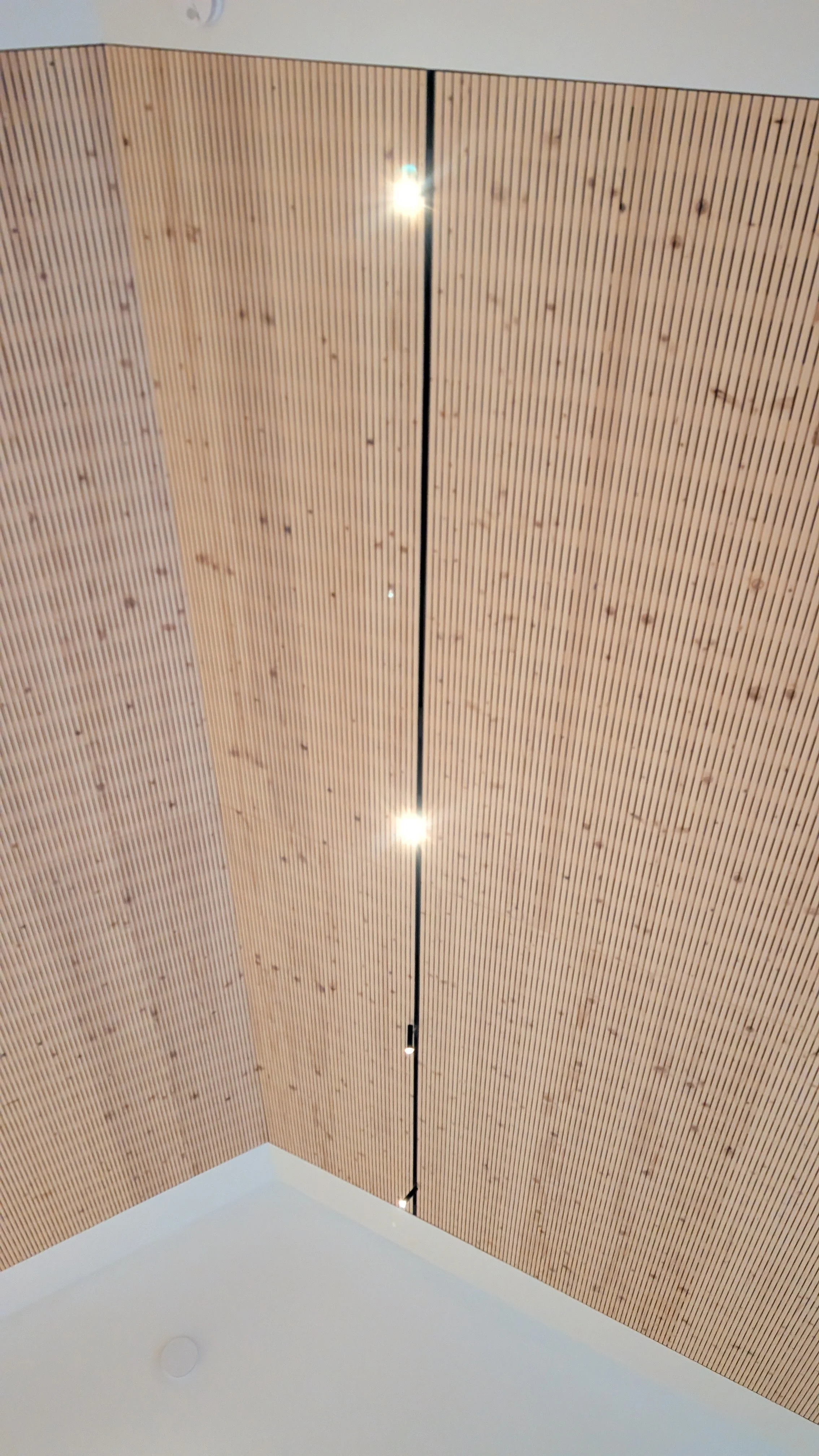 Holzdecke mit integriertem Beleuchtungssystem in einem Raum