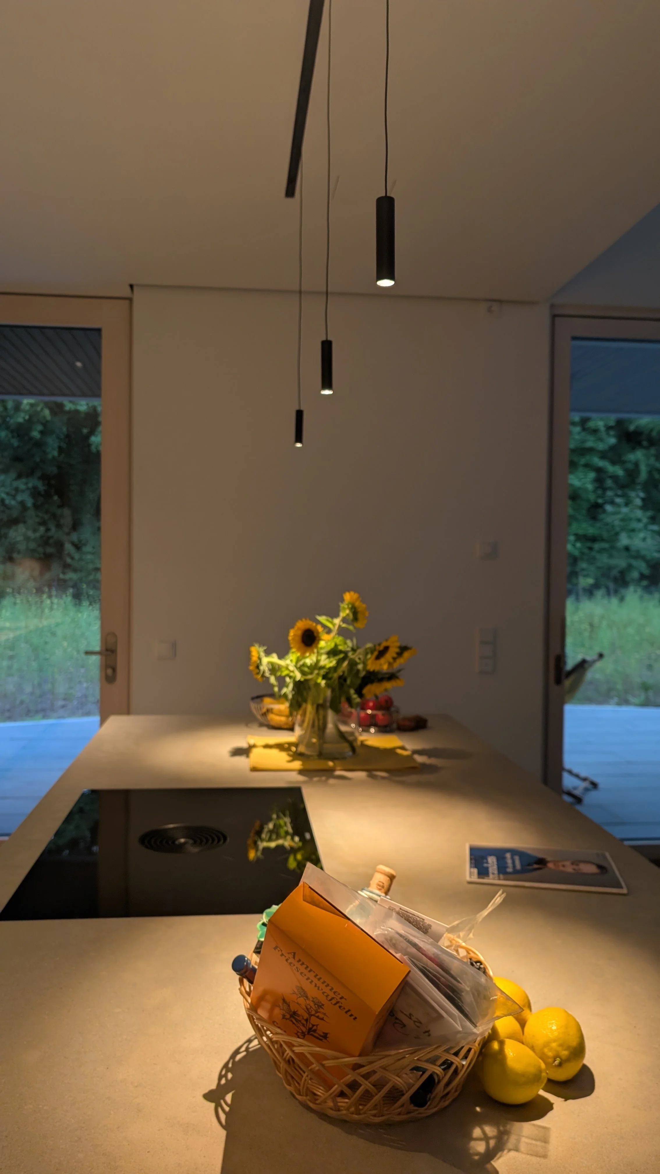 Innenansicht einer modernen Küche mit einer weißen Arbeitsplatte, einem Korb mit Zitronen und Produktproben, im Hintergrund ein Esstisch mit einer Vase voller Sonnenblumen, auf dem Tisch liegen Lebensmittel und Zeitschriften, große Fenster mit Blick 