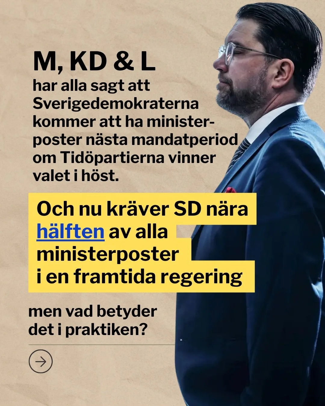 H&auml;lften av n&auml;sta regering best&aring;r av Sverigedemokrater!? Tyv&auml;rr s&aring; riskerar detta att bli verklighet. Jag tror p&aring; svensk demokrati. Alla f&aring;r r&ouml;sta p&aring; vad de vill och tycka olika om olika fr&aring;gor. 
