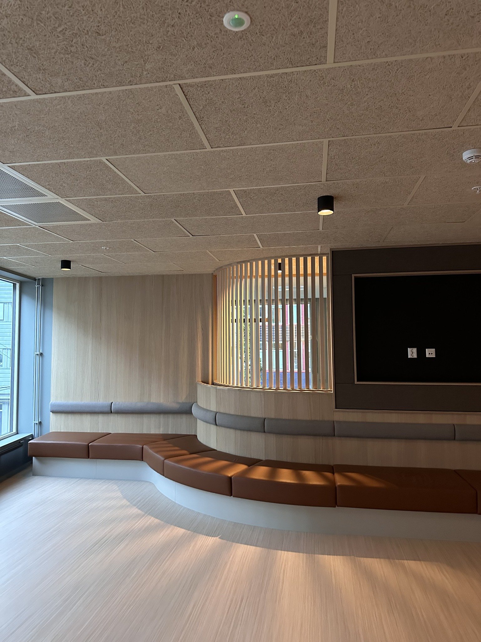 Innendørsområde med kurvet sittebenk med mørkebrunt og ømt treverk, store vinduer, trepanelvegger, og et tak med lydabsorberende takplater.