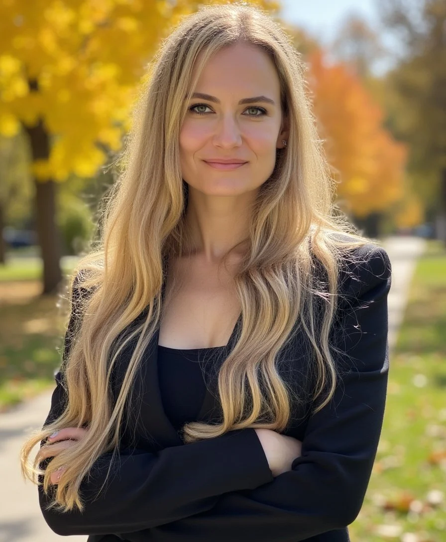 A young woman with long blonde hair standing outdoors on a sunny fall day, with colorful autumn trees in the background.