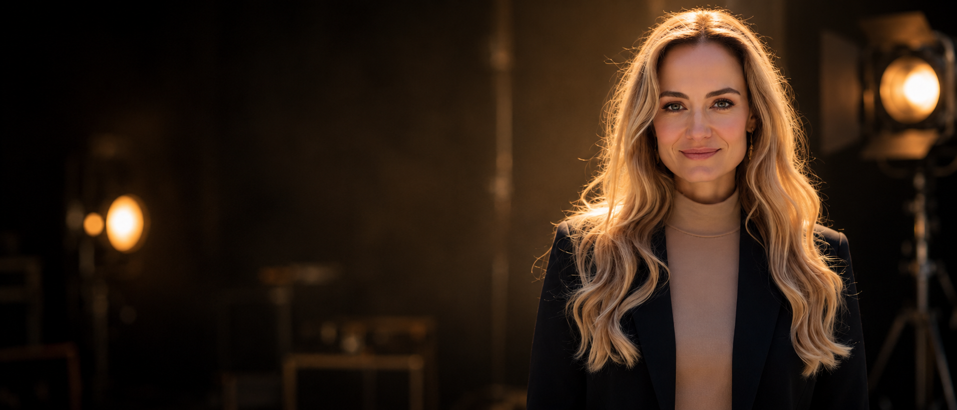 A woman with long blonde wavy hair wearing a beige turtleneck and black blazer, standing in a professional studio with lighting equipment in the background.