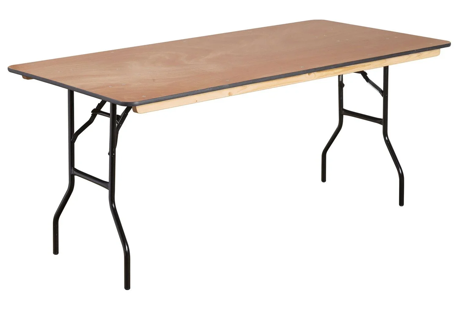 A large rectangular folding table with a wood laminate top and metal legs.