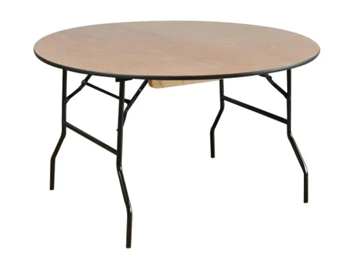 Round table with a wooden top and black metal legs.