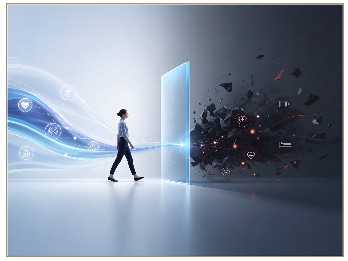 A woman walking towards a digital barrier with a bright light, with the left side depicting health, nature, and activity icons in light colors, and the right side showing dark crashing fragments with icons representing stress, fatigue, and health issues.