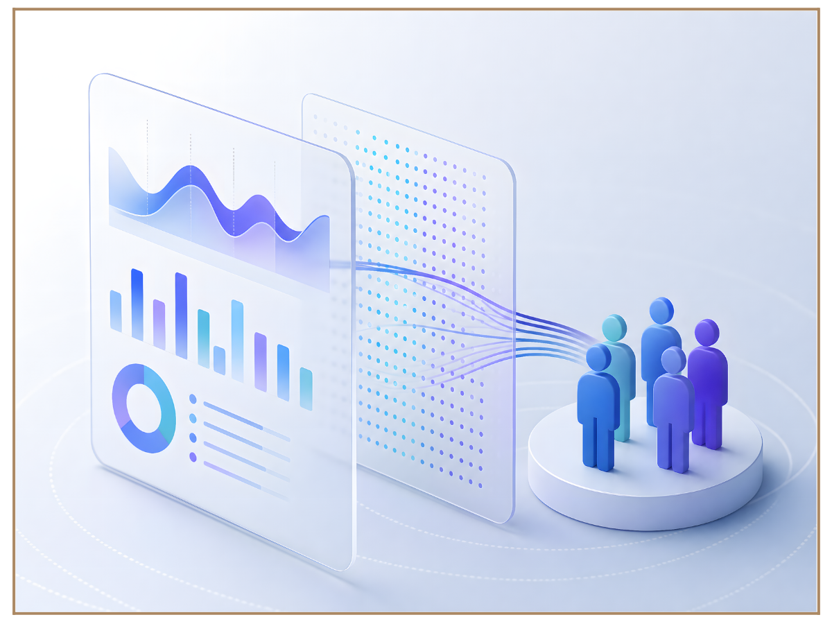 Digital illustration of people connected to data charts and graphs through a translucent interface show analysis and data flow.