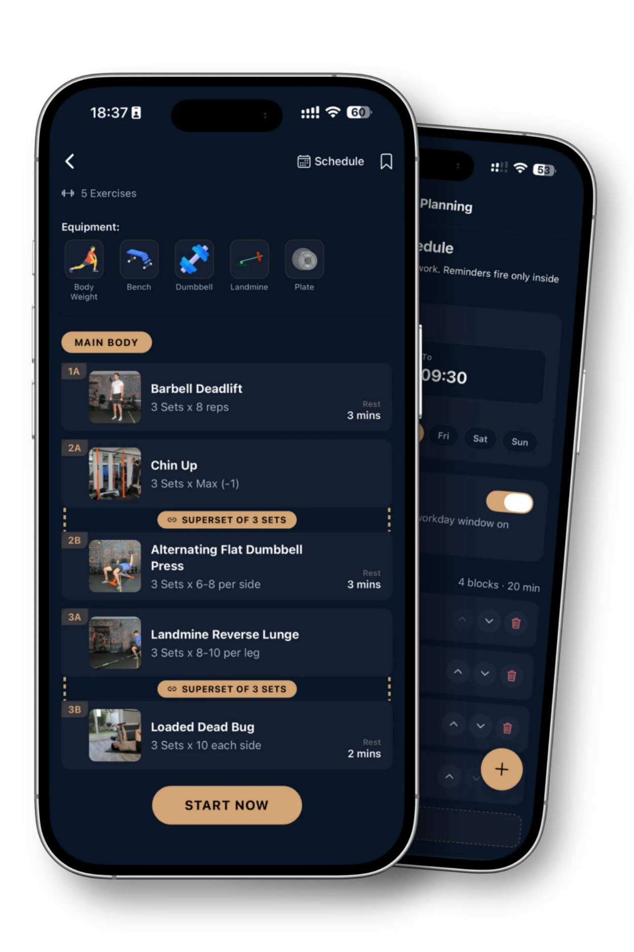 Mobile fitness app displaying workout schedule and exercises on two smartphones with a dark background.