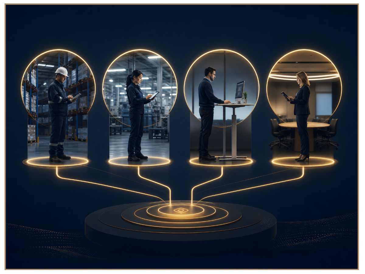 Illustration of four professionals working in different environments connected by digital lines, representing remote work or a connected workspace.