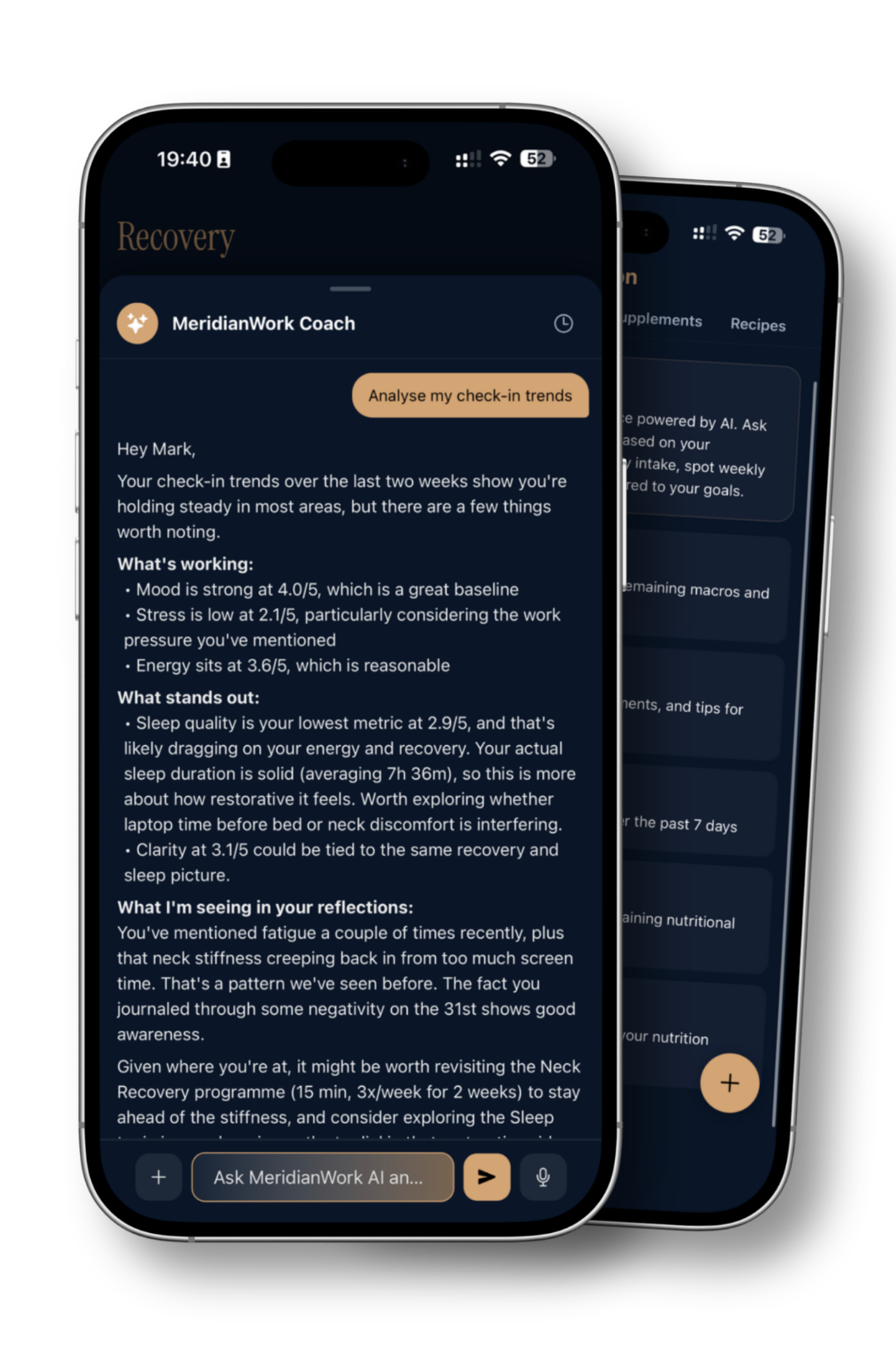 Screenshot of a smartphone displaying a sleep and recovery tracking app, showing text about check-in trends, sleep quality, stress levels, and reflection notes.