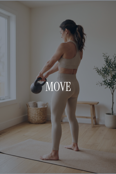 A woman in workout attire lifting a kettlebell indoors with the word 'MOVE' overlaid.