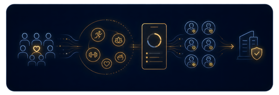 Graphic illustration of health data processing with icons representing people, fitness, nature, food, and heart health leading to a mobile device, then to groups of people with health and activity icons, ending with a shield and checkmark for security.