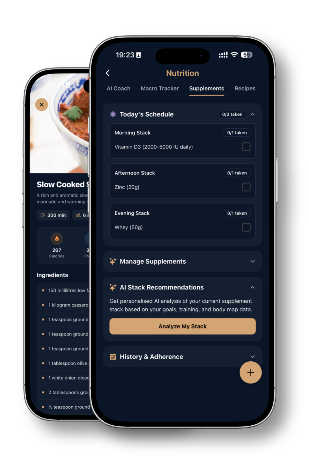 Two smartphone screens displaying a nutrition and supplement tracking app with schedules, ingredients, and AI analysis features on a black background.