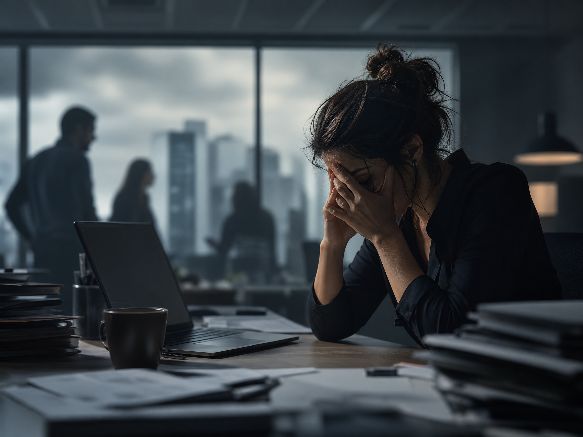 A woman with dark hair tied up, sitting at a cluttered office desk with her hands covering her face, appearing stressed or overwhelmed. The background shows blurred silhouettes of other people in a modern office with city buildings visible through large windows.