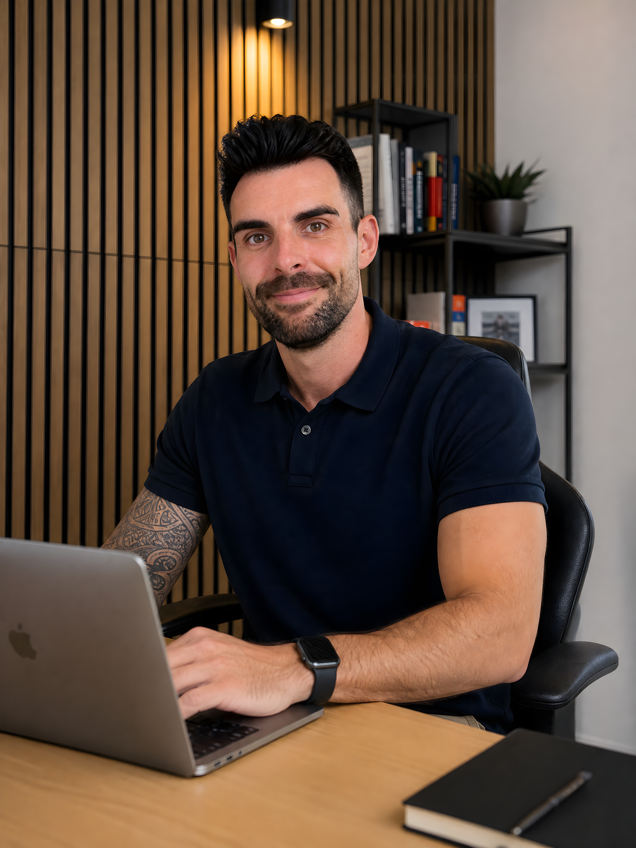 A man with dark hair, facial hair, and a tattoo on his left arm, sitting at a desk with a laptop, wearing a black shirt and smartwatch, smiling in an office environment with wood panel walls, bookshelves, potted plant, and framed photo in the background.