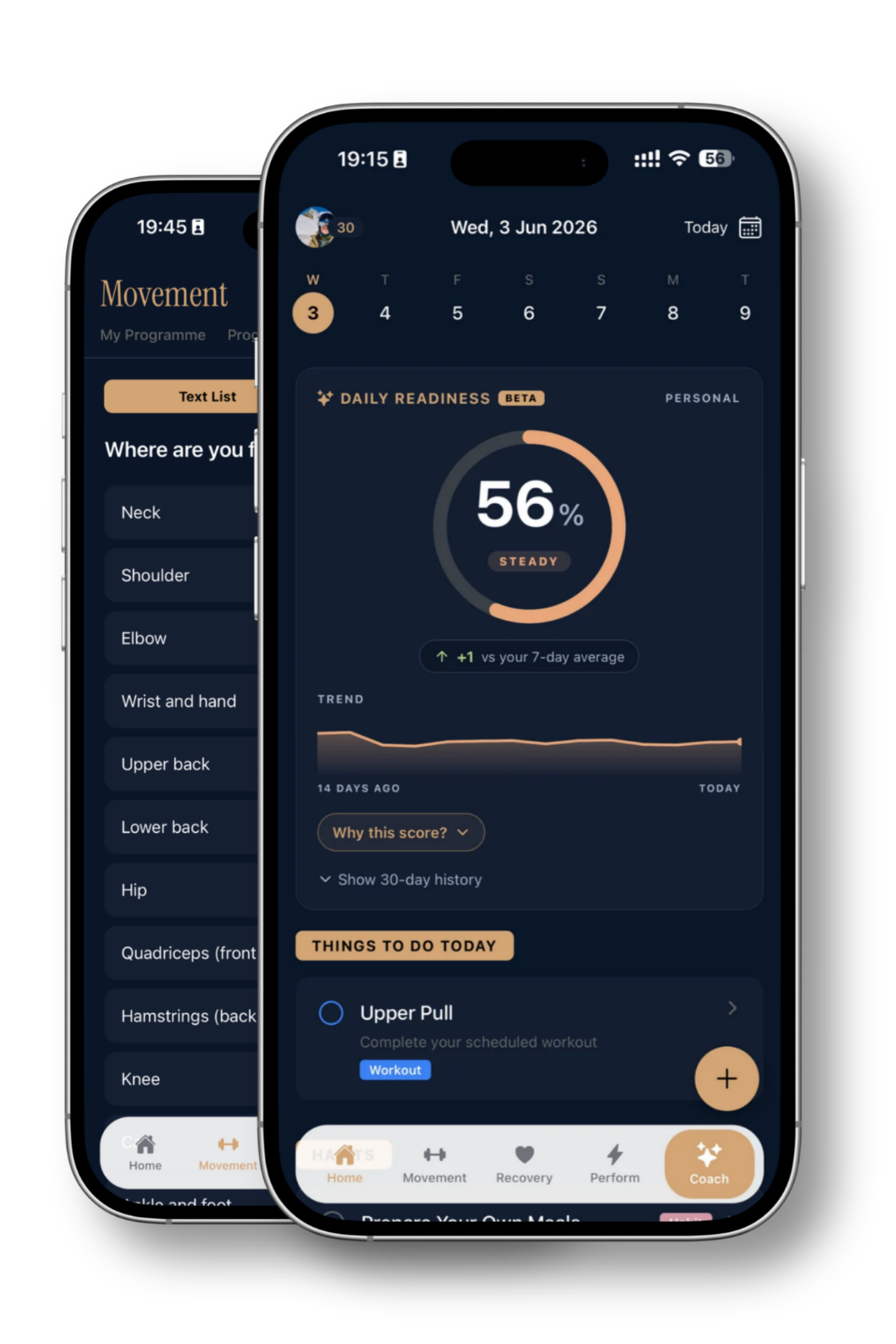 Mobile app interface showing a health and fitness tracking dashboard with a daily readiness score of 56%, a progress trend graph, and a list of workout items, on a dark blue background.
