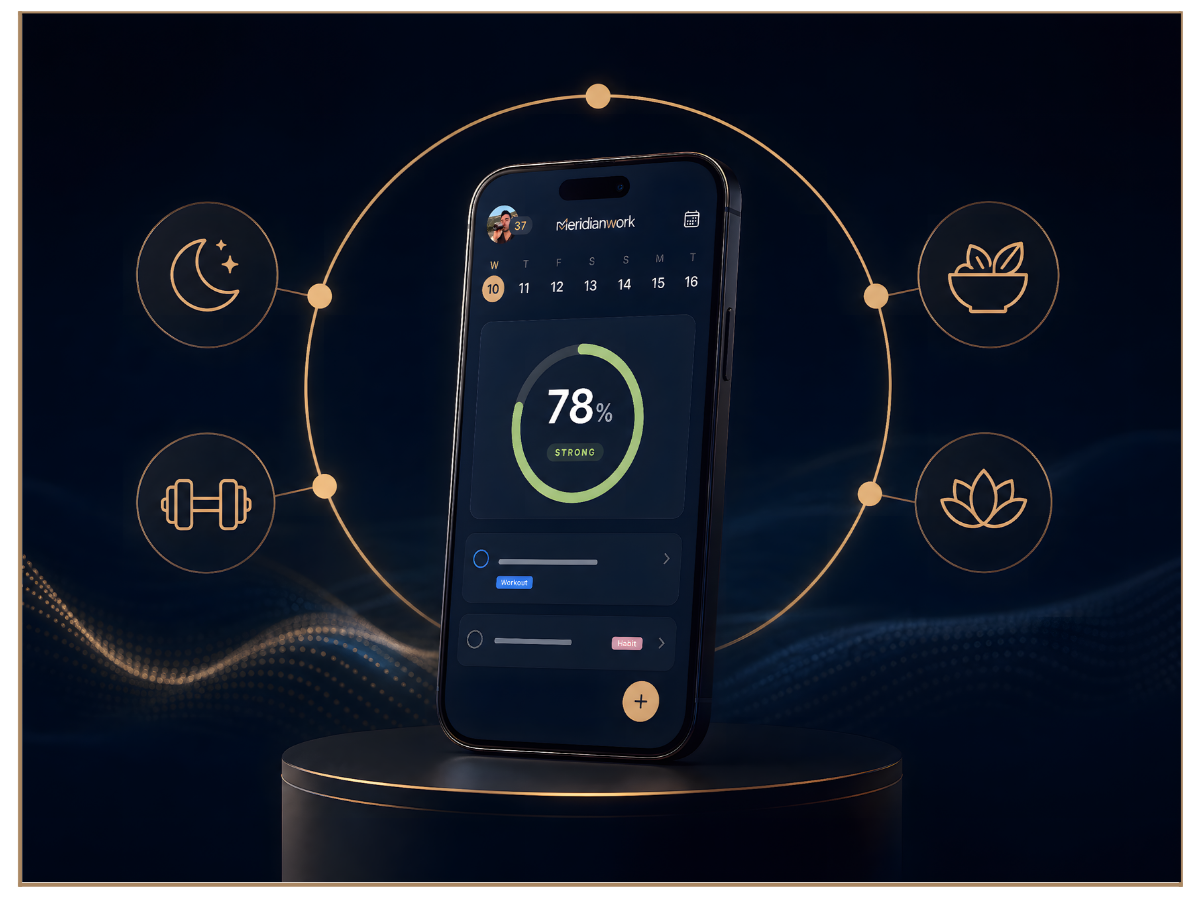 A smartphone displaying a health or fitness app with a 78% progress indicator labeled 'STRONG.' Surrounding the phone are icons representing night (moon), exercise (dumbbell), healthy food (bowl of greens), relaxation (lotus flower), and sleep. The background is dark with a wave pattern and the phone is on a round pedestal.