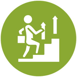 Person climbing stairs holding onto a handrail, with arrows pointing up.