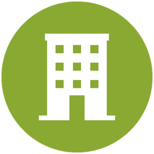 Icon of a building with multiple windows on a green circular background.