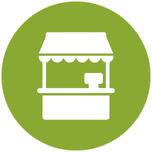 Icon of a small outdoor market stall with a canopy, counter, and cash register.