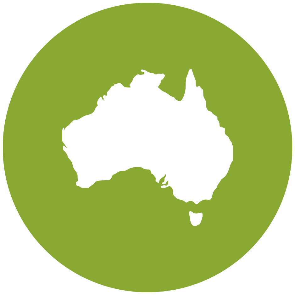 A white silhouette outline of the country of Australia placed on a green circular background.