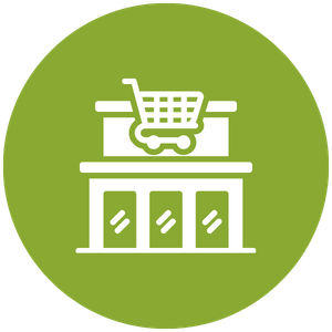 Icon of a shopping cart on a store counter with glass doors below, on a green circular background.