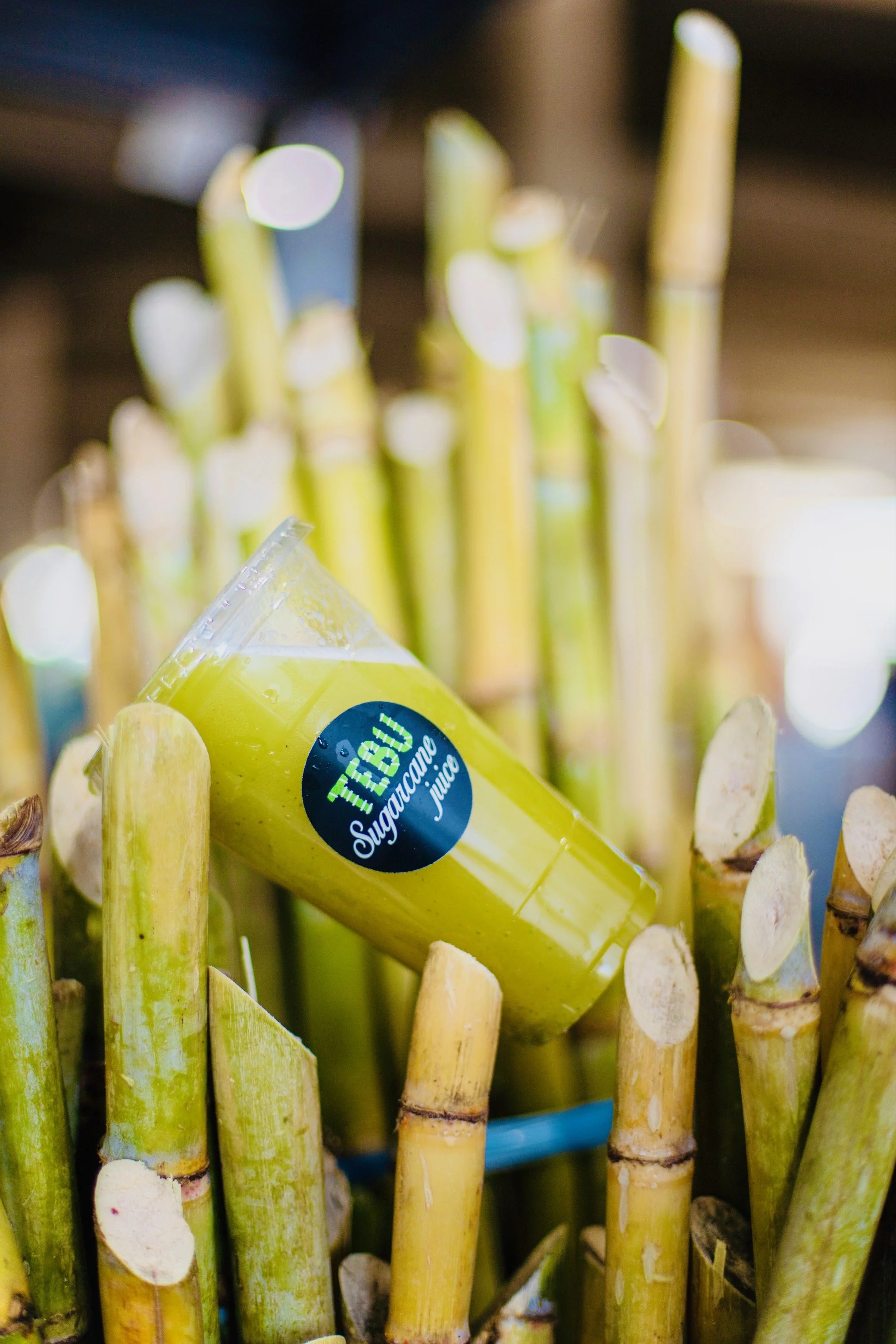 A close-up of bamboo sticks with a yellow package labeled 'Tebu Sugarcane Juice' nestled among them.