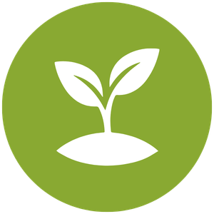 A white plant sprout with two leaves on a small mound of earth inside a green circle.