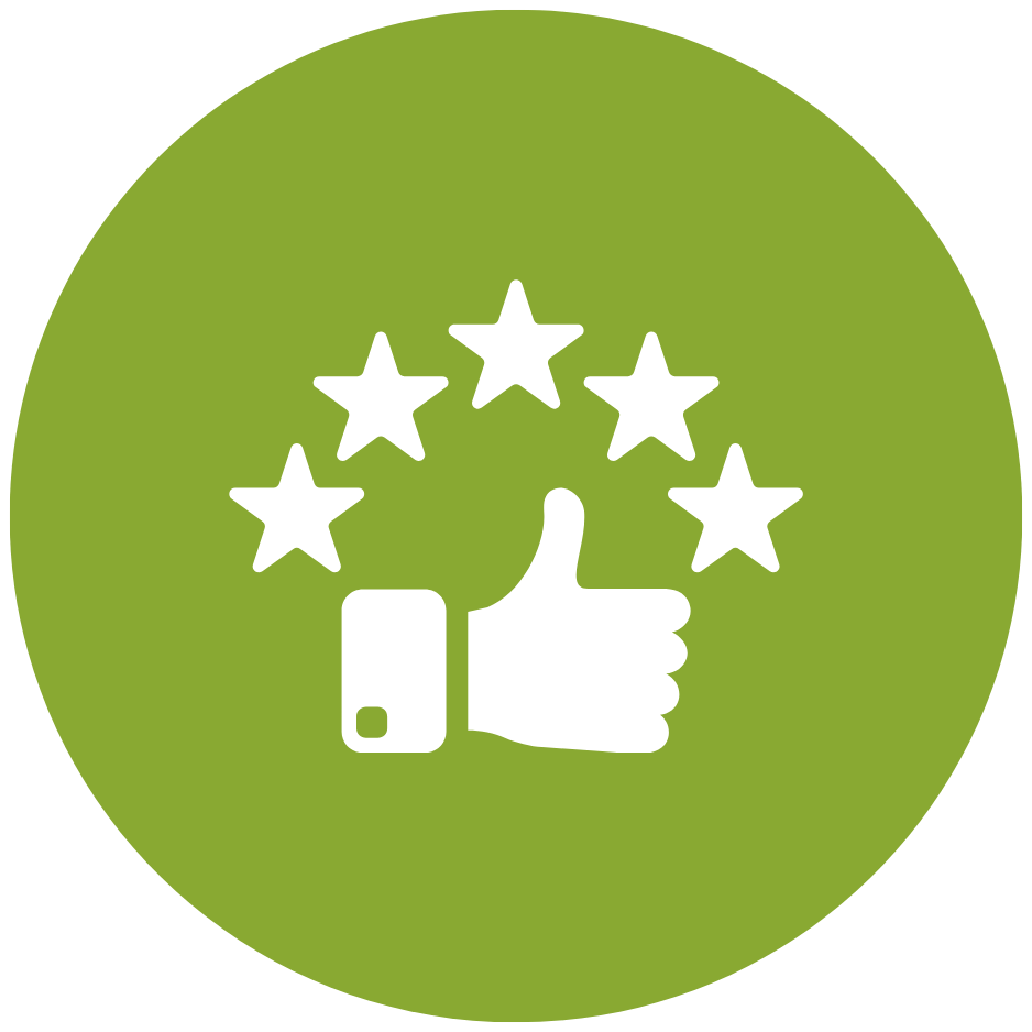Green circular icon featuring a white thumbs-up hand with a smartwatch, surrounded by five white stars.
