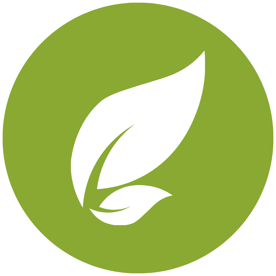 White leaf icon inside a green circular background.