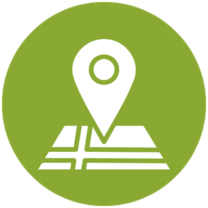 Green circular icon with a white map marker pin placed on a folded map.