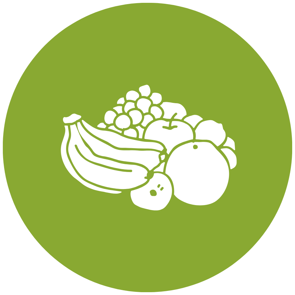 Illustration of assorted fruits, including bananas, apples, grapes, and an orange, on a green circular background.