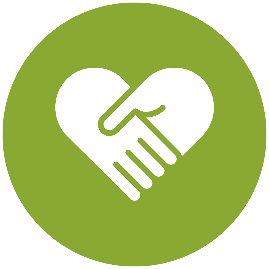 A white icon of two hands shaking, forming a heart shape, on a green circular background.