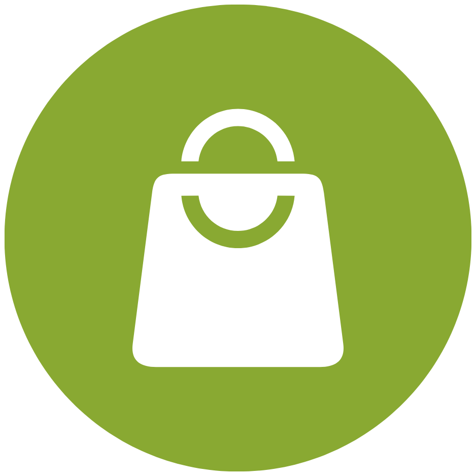 Shopping bag icon with a green background.