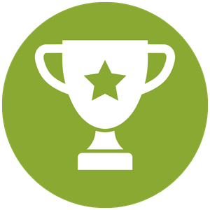 White trophy with a star in the center on a green circular background.