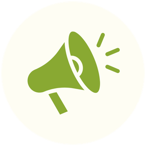 Green megaphone icon with sound lines on a white circular background.