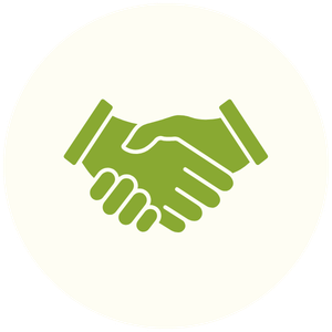 Illustration of a green handshake icon.