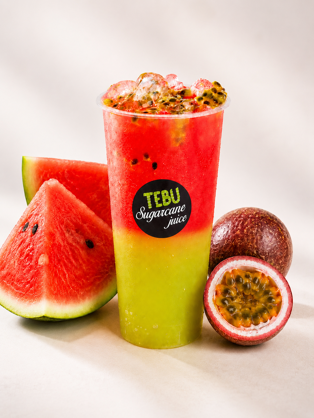 Layered Tebu sugarcane drink served with fresh watermelon and passionfruit