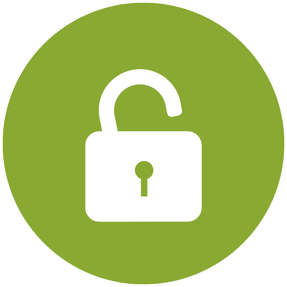 Green circular icon with a white open padlock in the center.